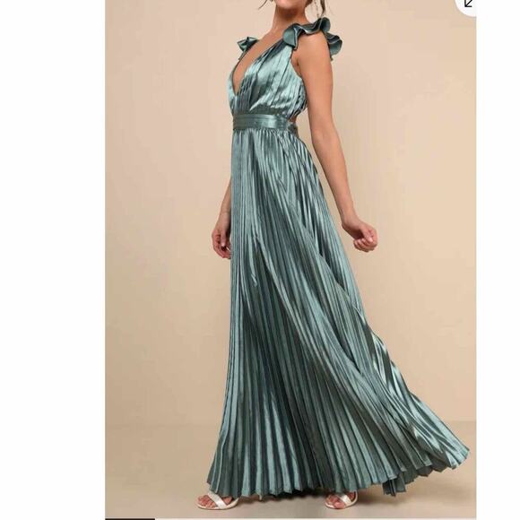 Lulus Exceptional Drama Sage Green Satin Lace-Up Pleated Maxi Dress - Picture 7 of 10